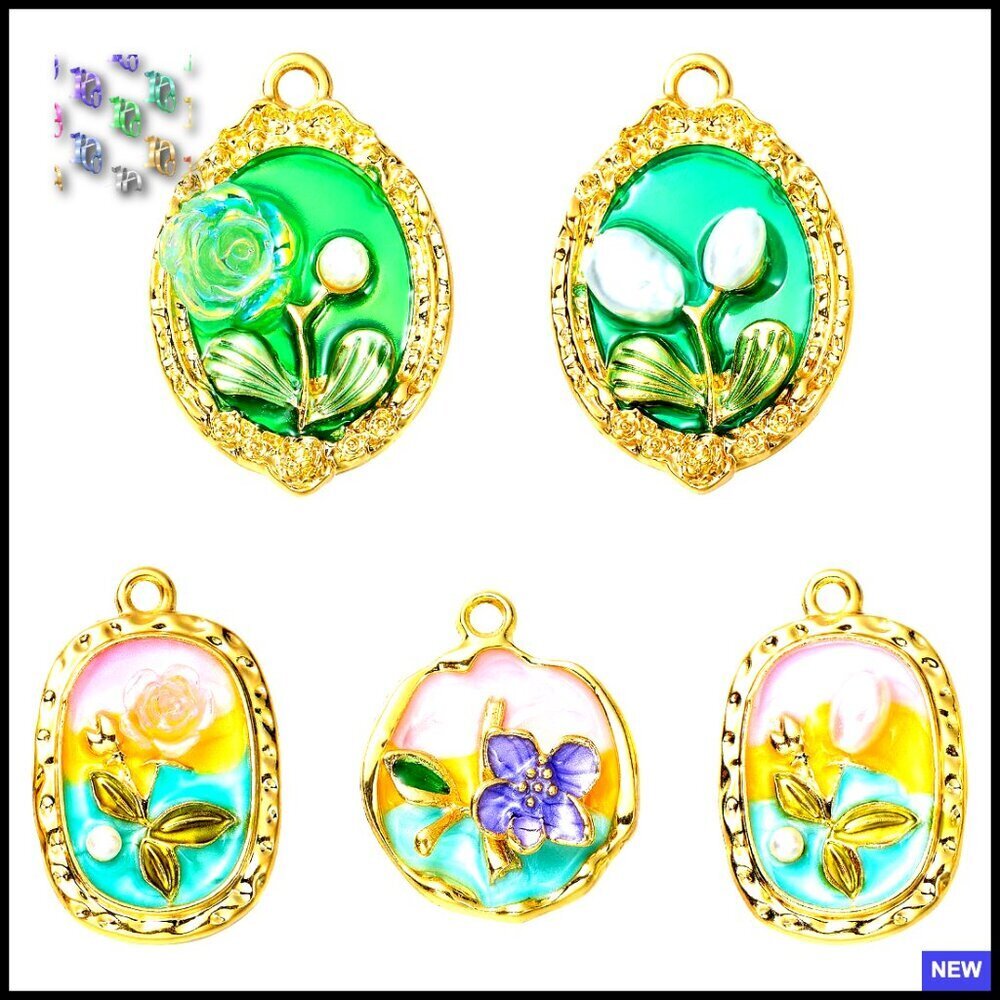 Vintage Floral Alloy Enamel Charms Jewelry Making DIY Supplies 5 Styles